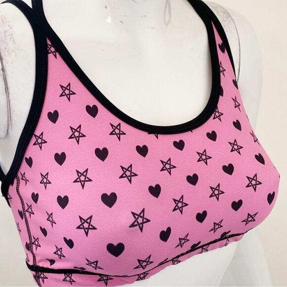 Too Fast Pink & Black Heart & Pentagram Star Print Sports Bra Cropped Tank Top - Picture 2 of 4
